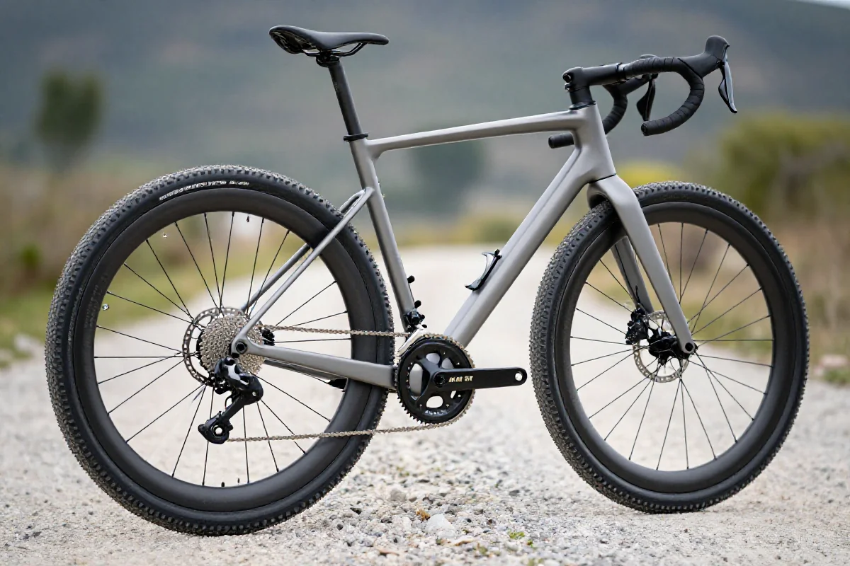 Nowoczesny rower gravelowy z szerokimi oponami plus-size i ekstremalnym clearance.