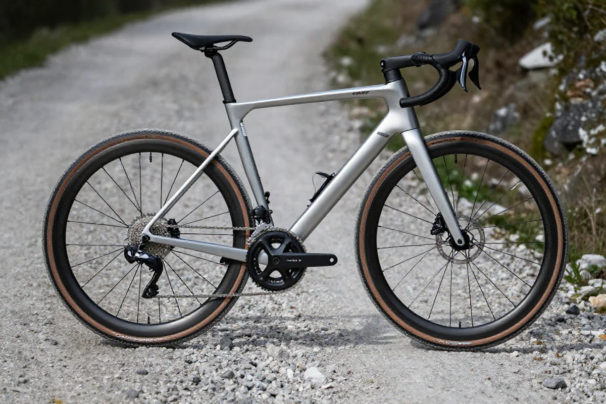 Nowoczesny rower endurance z szerokimi oponami na szutrowej ścieżce