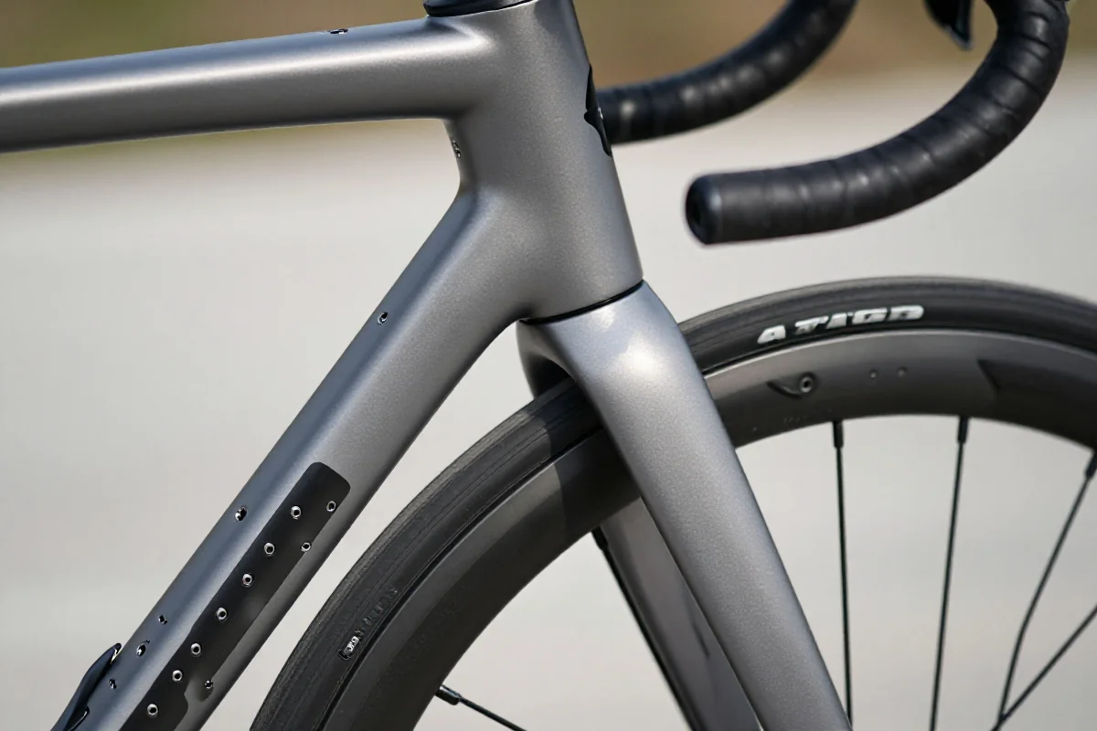 Zbliżenie na ramę roweru szosowego z mocowaniami błotników i prześwitem.