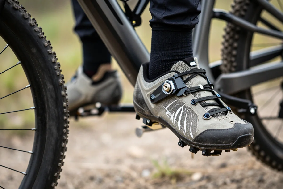 Zbliżenie na cleaty MTB i pedały, ukazujące szczegóły mechanizmów zwalniania.