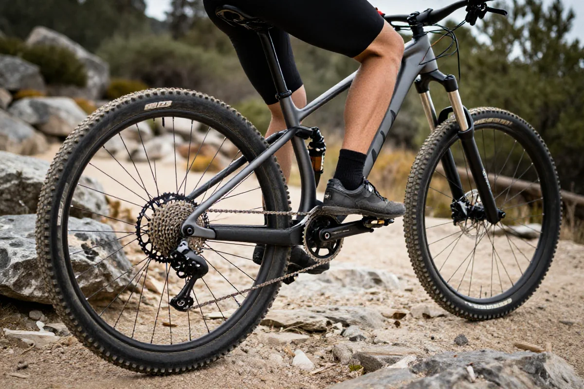 Rower górski w pozycji siedzącej na stromej ścieżce, z widocznymi detalami technicznymi.