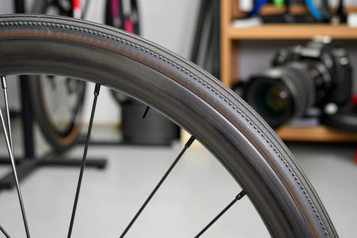 Zbliżenie na oponę clincher i obręcz rowerową w warsztacie kolarstwa.