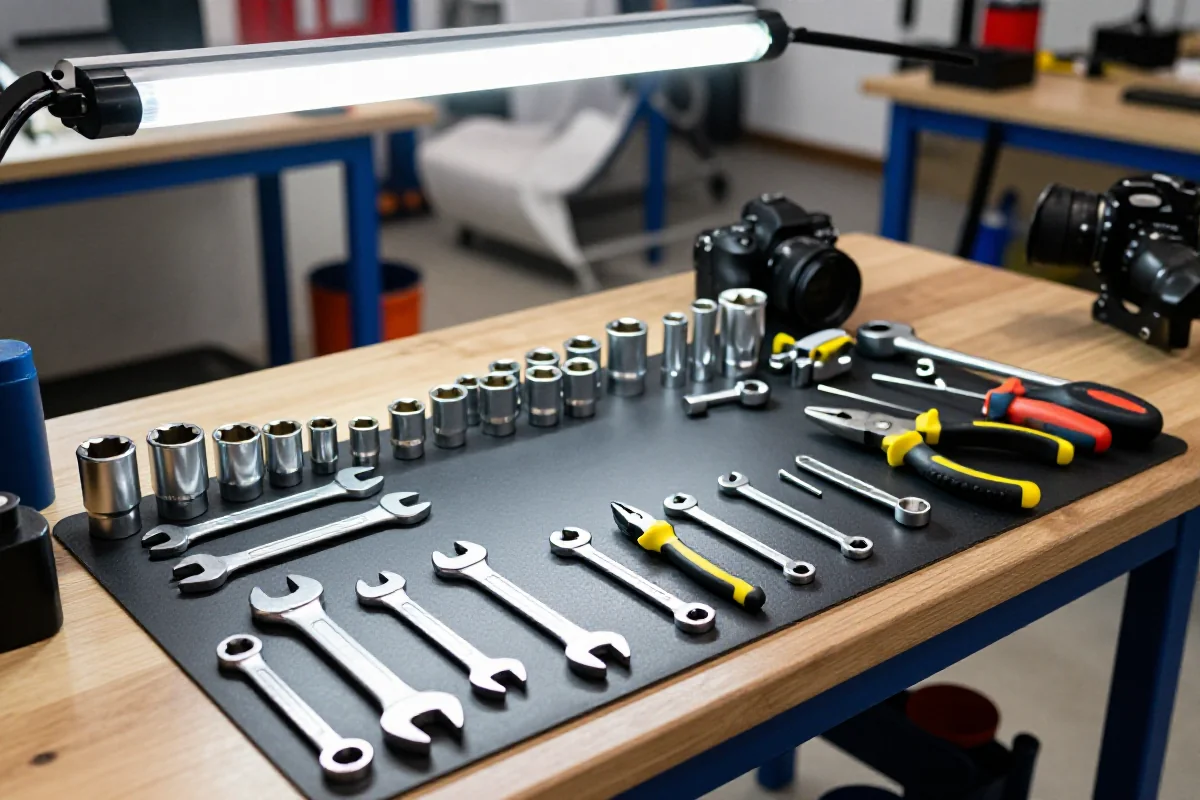 Warsztat dla początkującego mechanika z niezbędnymi narzędziami i oświetleniem