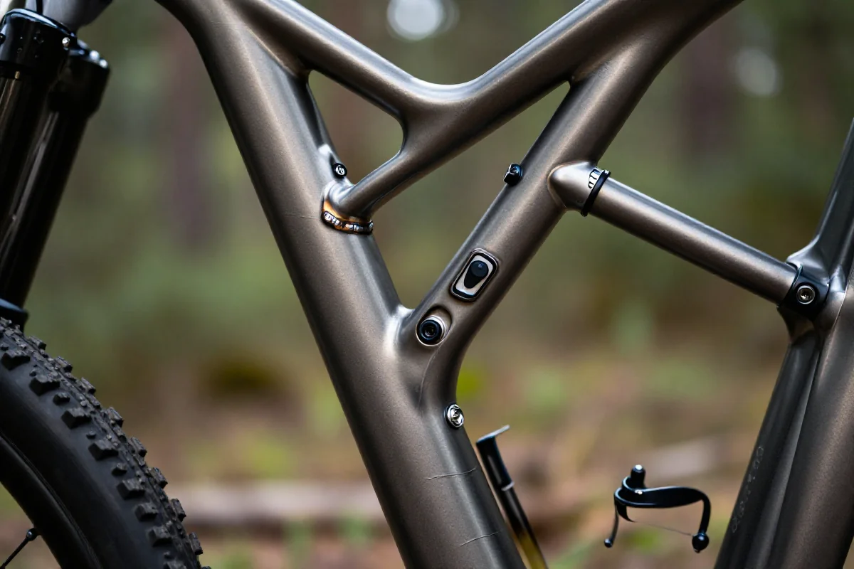 Rama roweru górskiego z detalami spawów i struktury w naturalnym otoczeniu