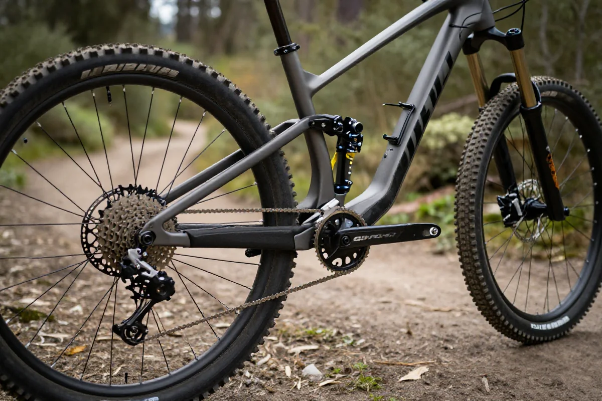 Rower górski z bliska, pokazujący komponenty i detale w terenie.