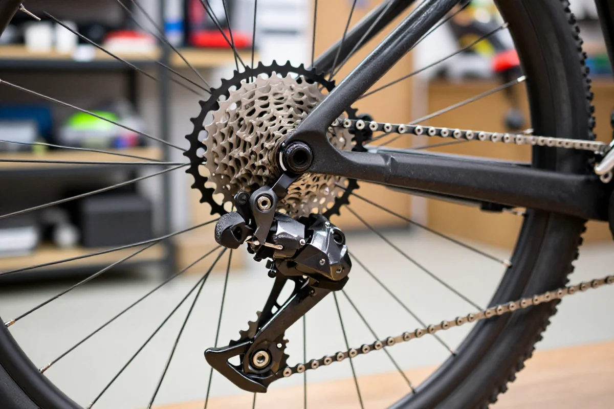 Zbliżenie na napęd roweru górskiego, w tym przerzutkę i kasetę.