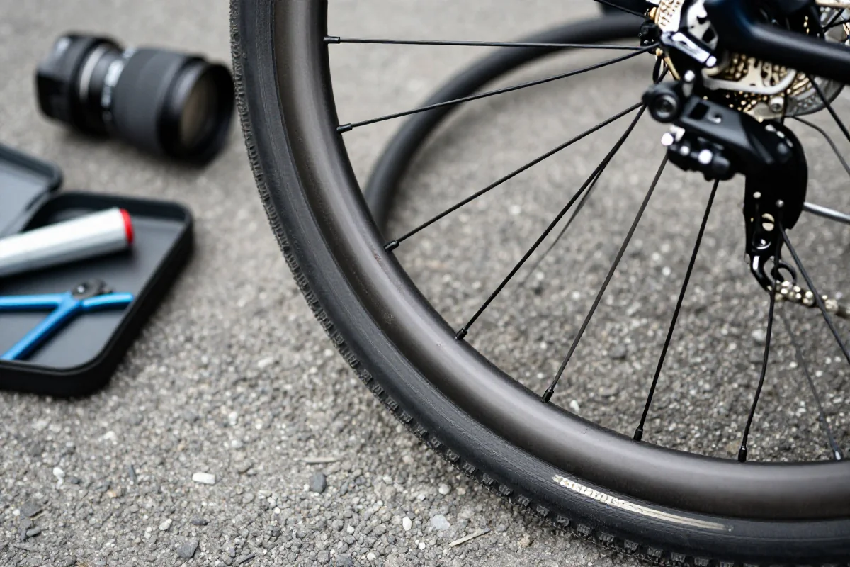 Przebita opona roweru szosowego na poboczu drogi, zestaw naprawczy obok.