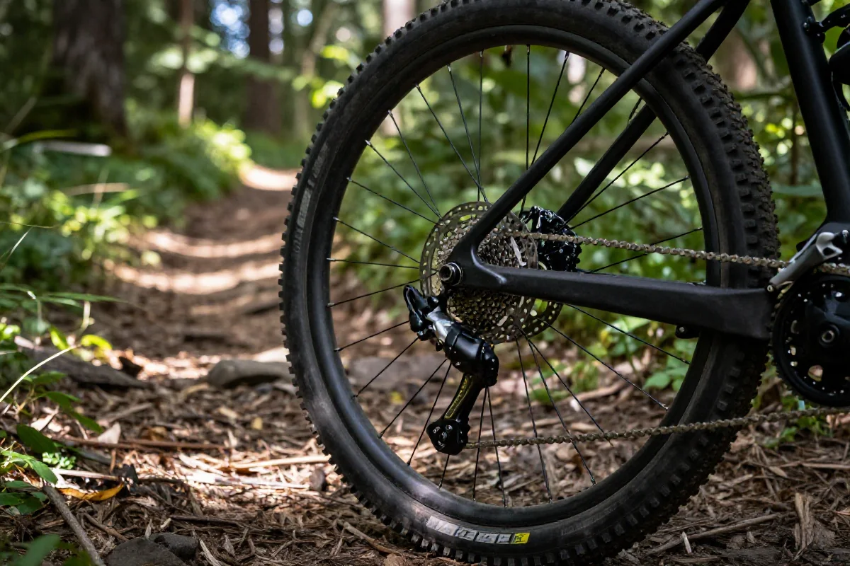 Szczegóły techniczne roweru górskiego na trasie MTB w lesie
