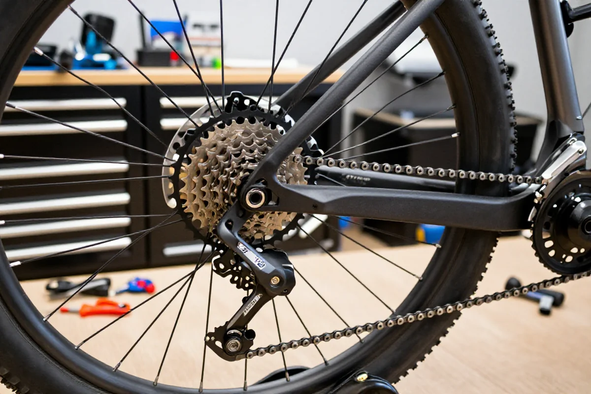 Zbliżenie na napęd roweru górskiego z systemem 1x12 w domowym serwisie.