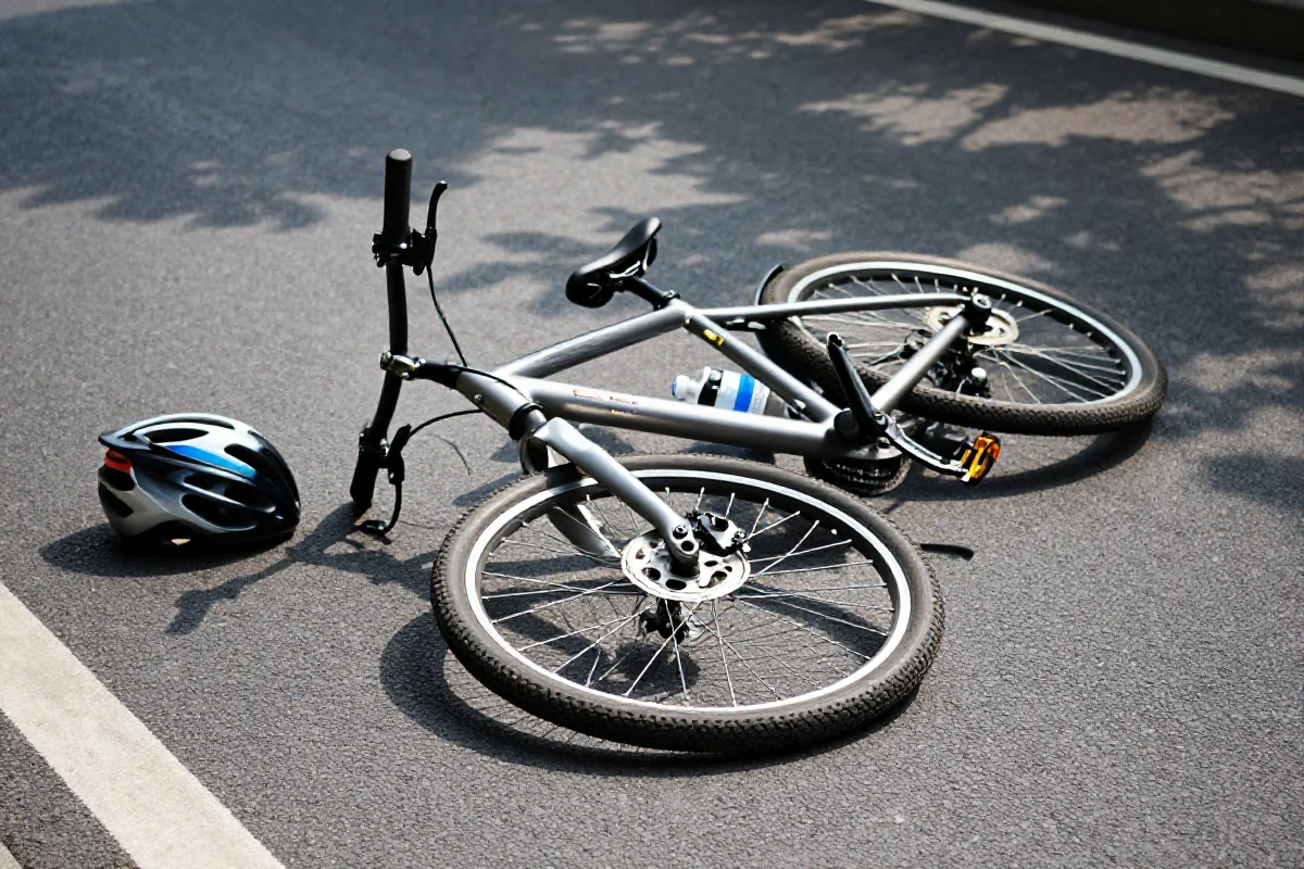 Scena wypadku rowerowego z uszkodzonym rowerem na jezdni