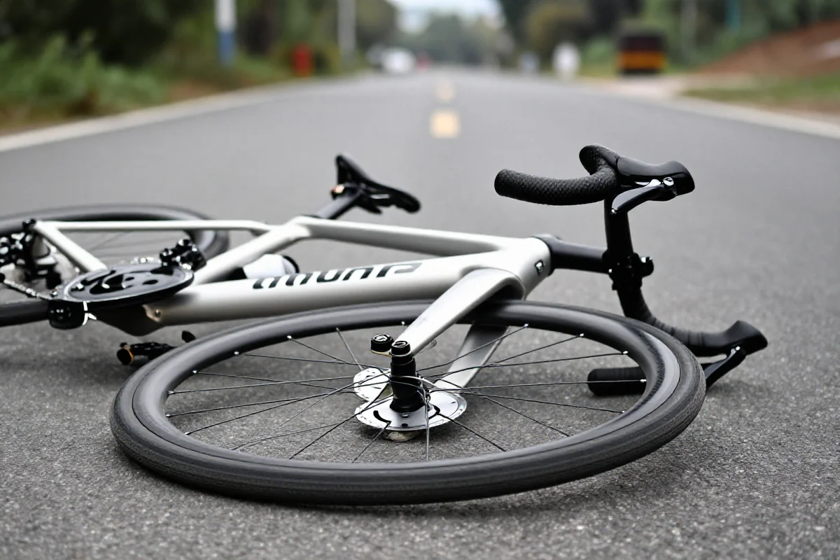 Rower szosowy na poboczu drogi po kolizji, z uszkodzoną przednią obręczą.