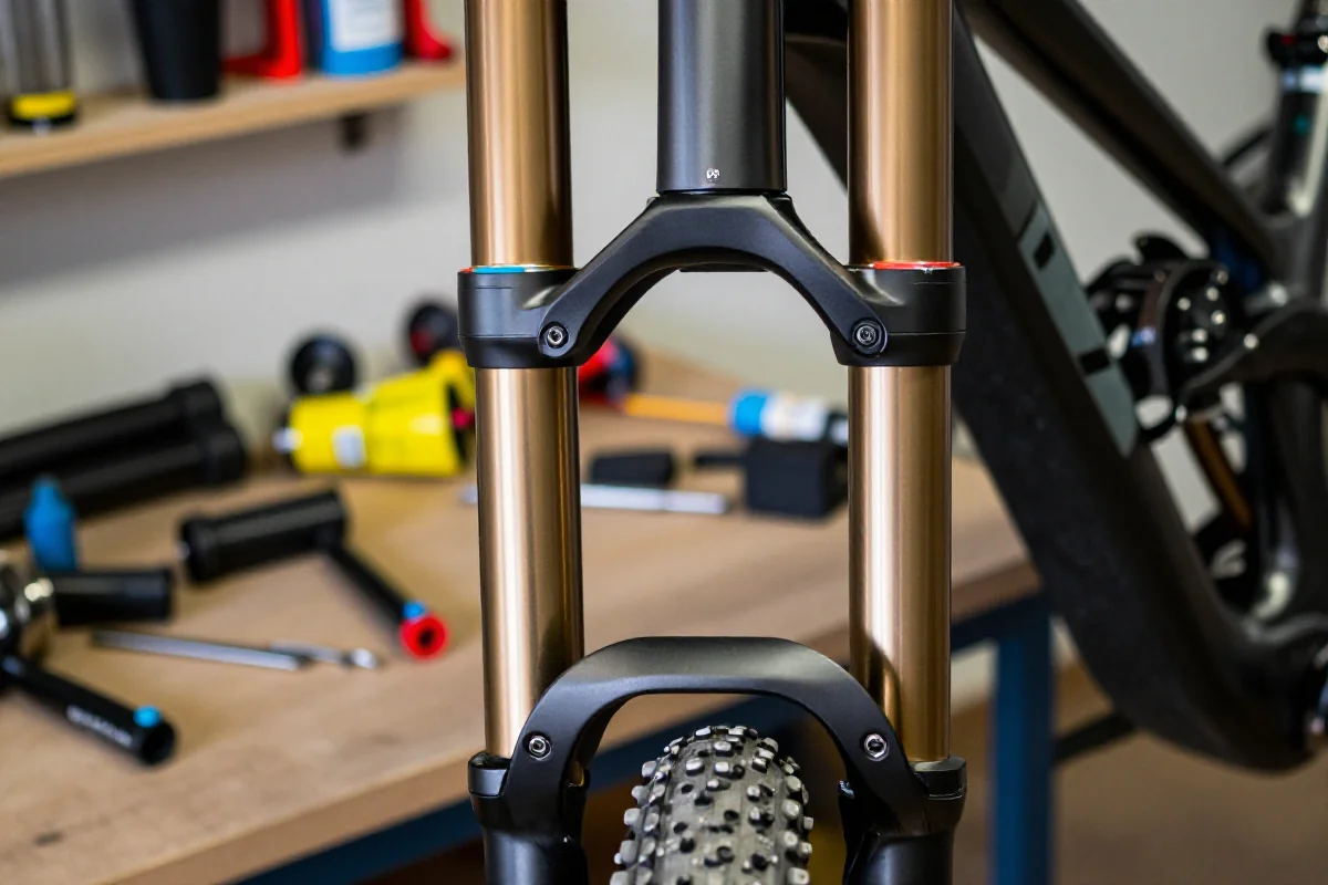 Amortyzowany widelec MTB w warsztacie z widocznymi szczegółami technicznymi.