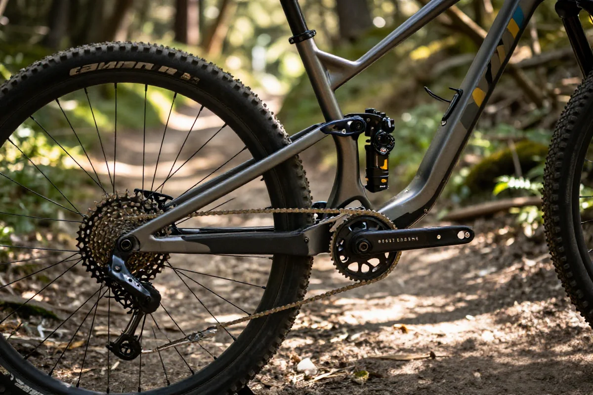 Szczegóły roweru górskiego na szlaku, koła, hamulce, napęd, akcesoria