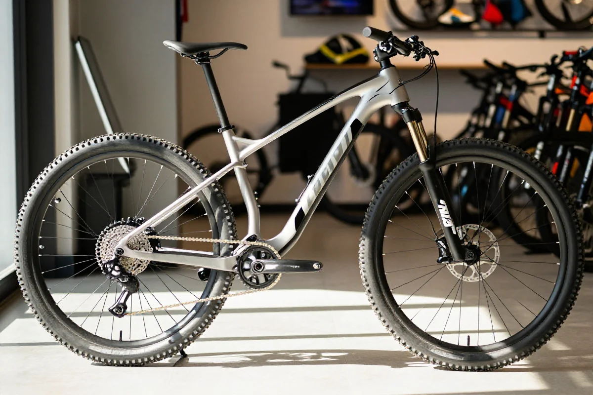 Rower górski w sklepie, szczegóły ramy i komponentów rowerowych.