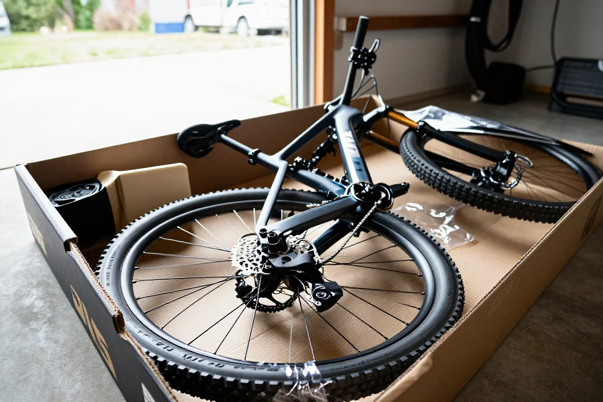 Rower górski w trakcie rozpakowywania, szczegóły komponentów i opakowania.