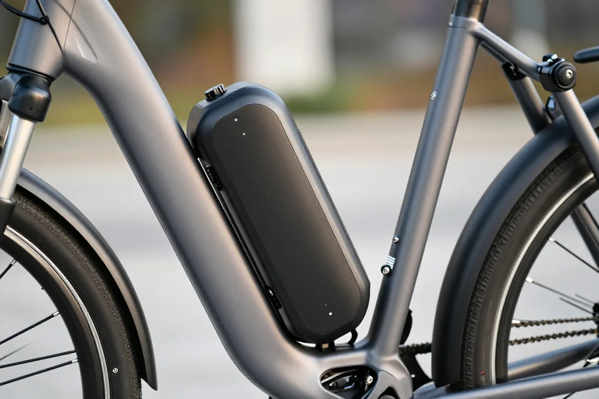 Akumulator roweru elektrycznego z bliska, sprawdzany przed długą trasą.