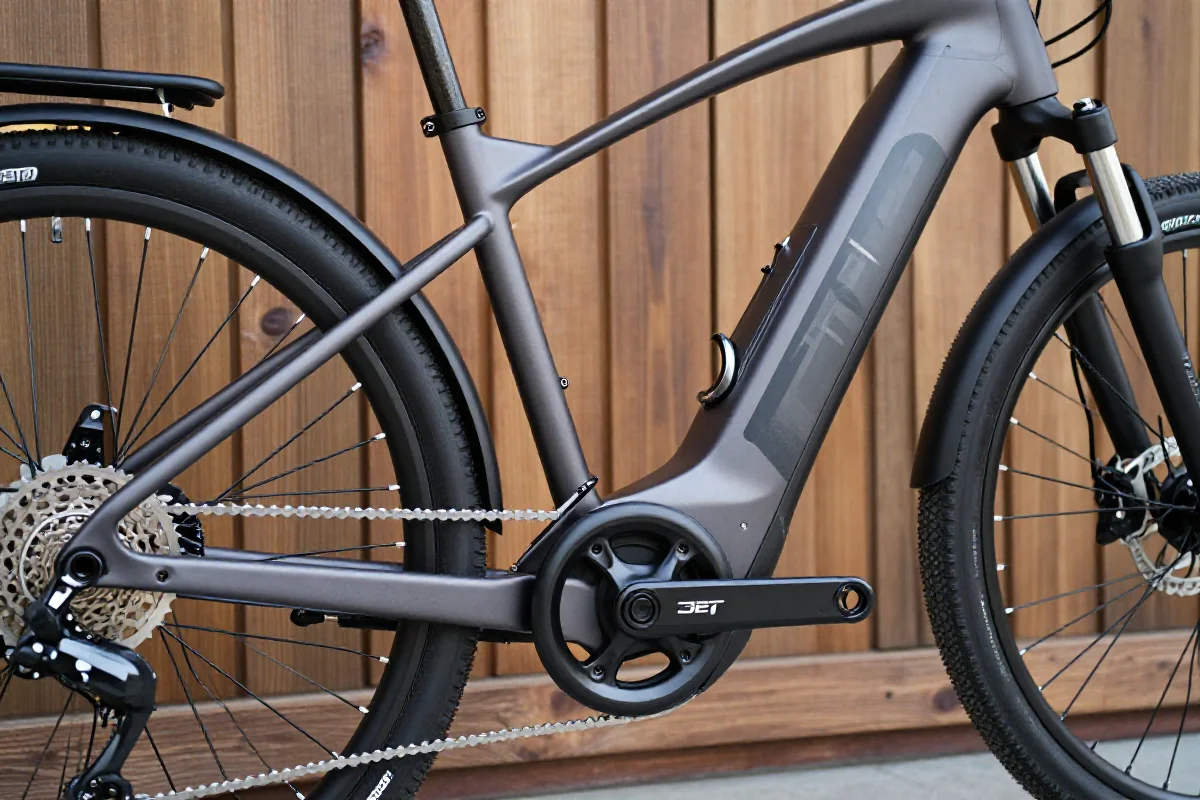 Szczegółowy widok ramy roweru elektrycznego z technicznymi elementami