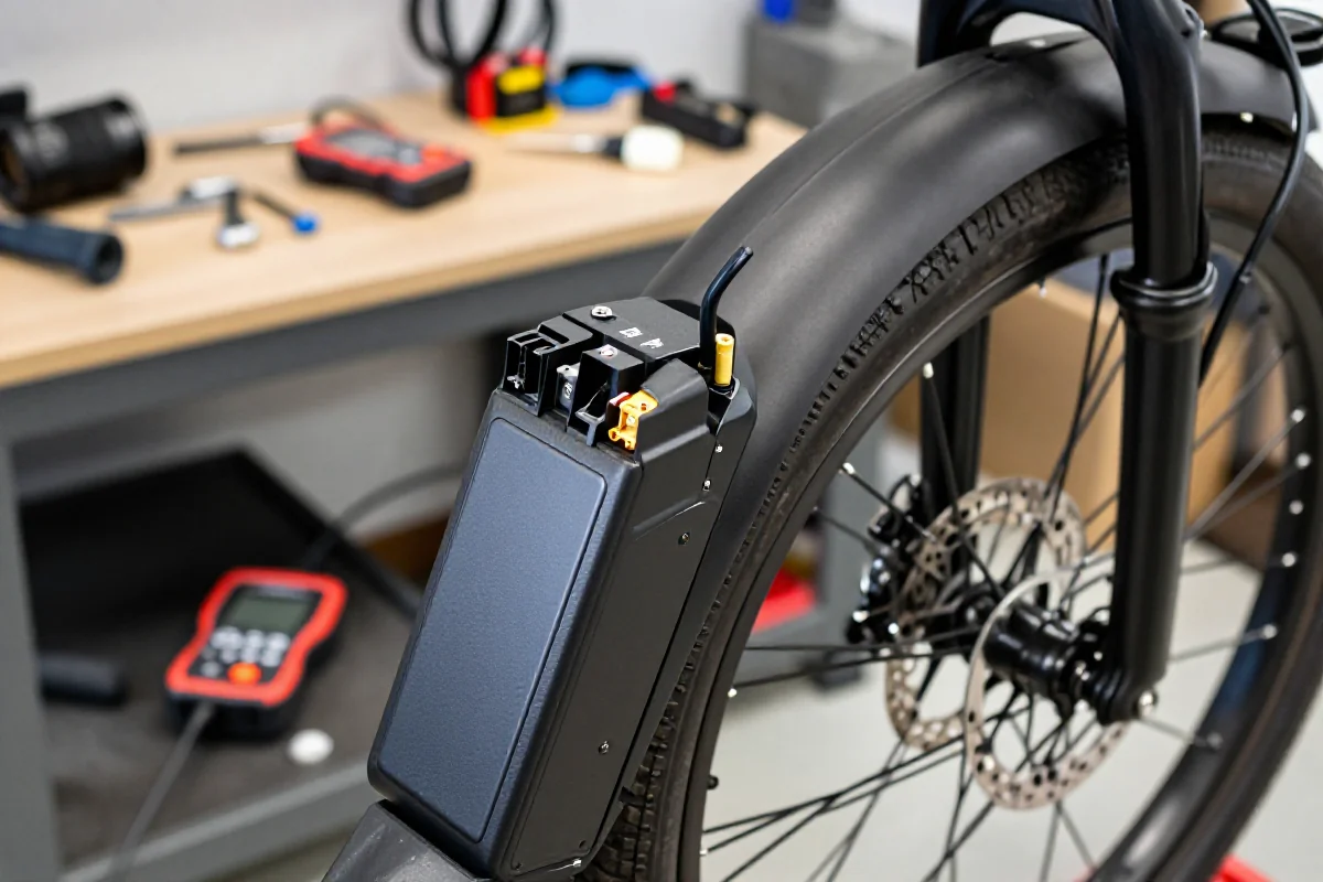 Przegląd rocznego serwisu roweru elektrycznego z baterią i hamulcami.