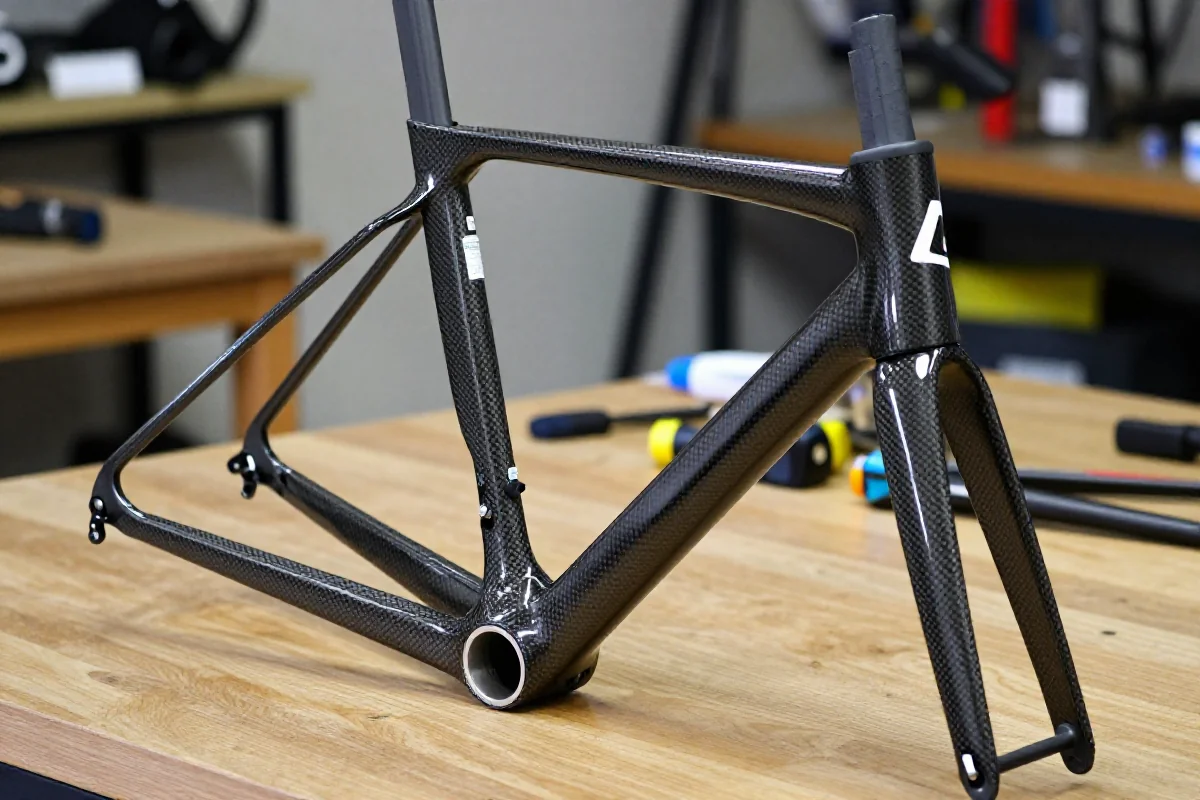 Zbliżenie na ramę roweru karbonowego na warsztacie rowerowym