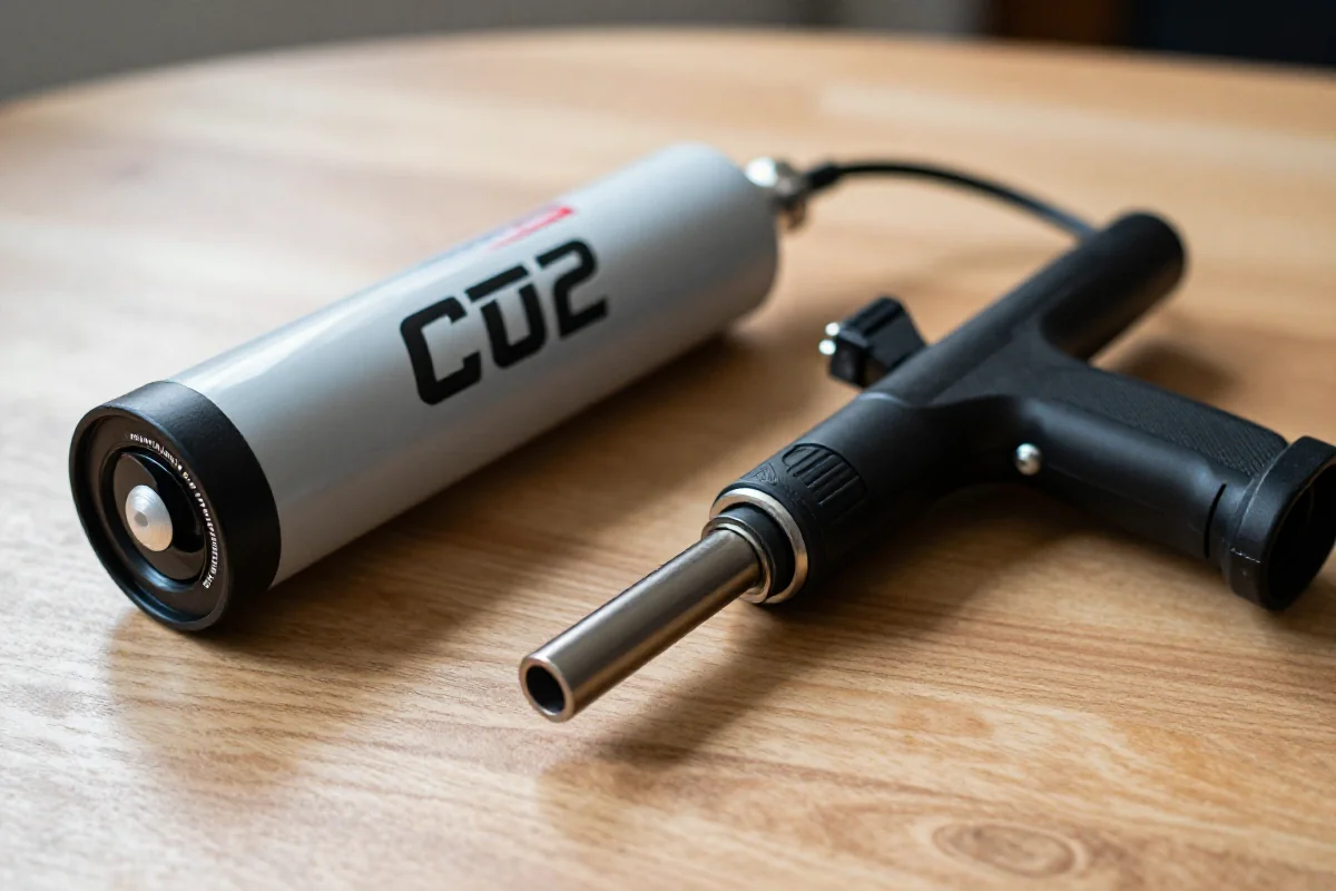 Inflator CO2 i pompka ręczna na drewnianej powierzchni, akcesoria rowerowe.