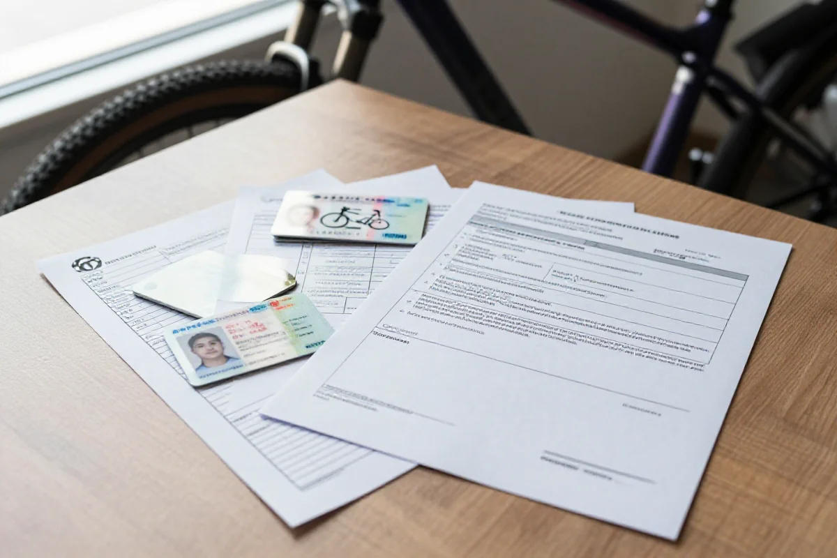 Dokumenty do rejestracji pojazdu na biurku, lista kontrolna i dowody tożsamości.