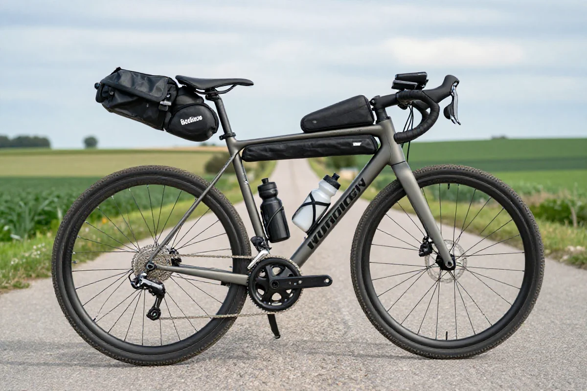 Rower turystyczny z akcesoriami na trasie brevetu w malowniczej scenerii.