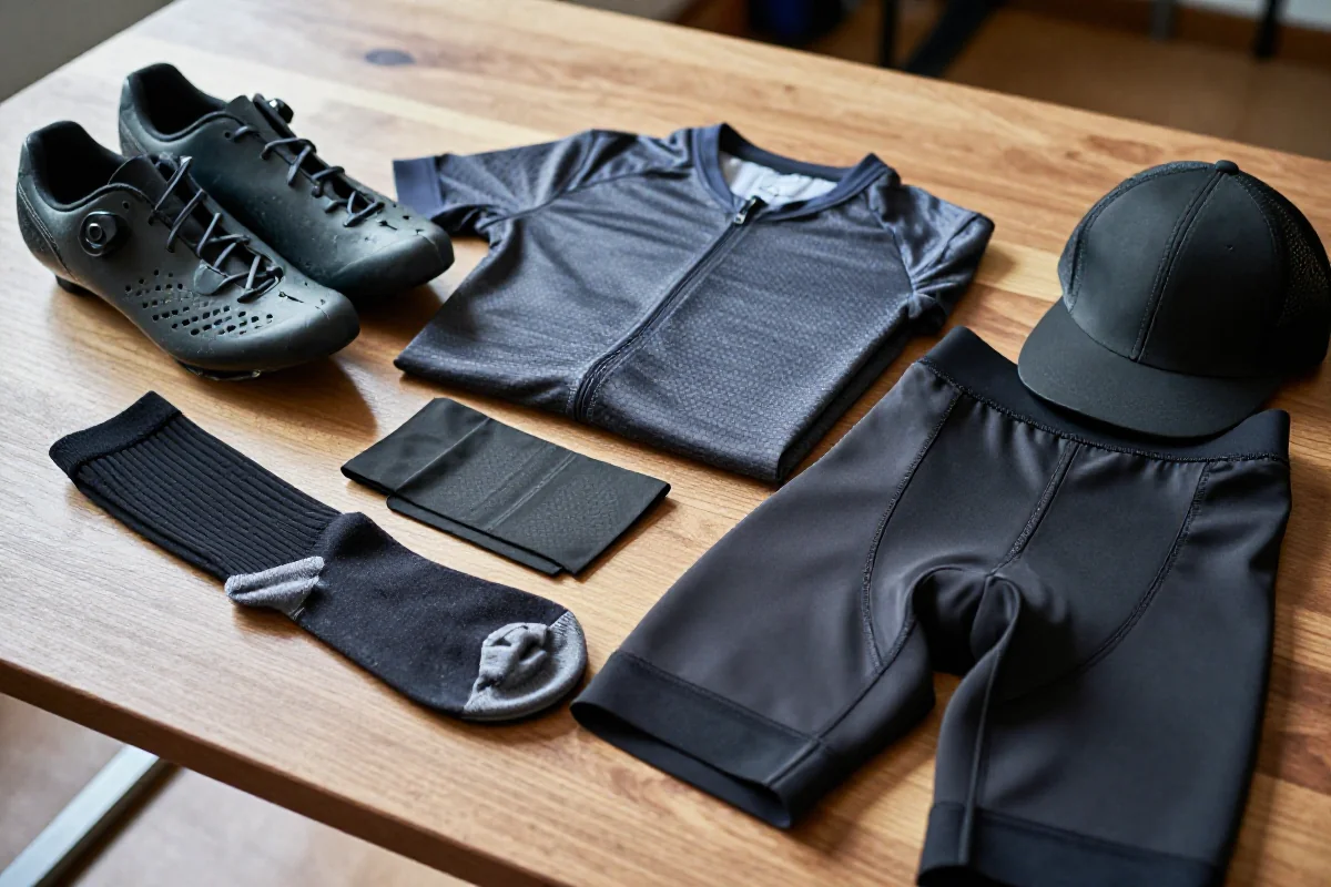 Checklist akcesoriów rowerowych na krótki trening, w tym buty i odzież sportowa.