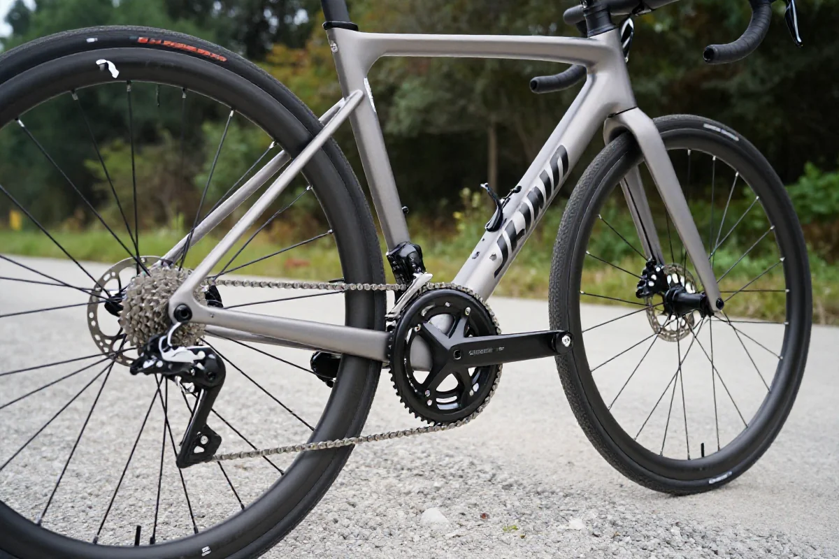 Zbliżenie na rower szosowy na szlaku, ukazujące detale techniczne.