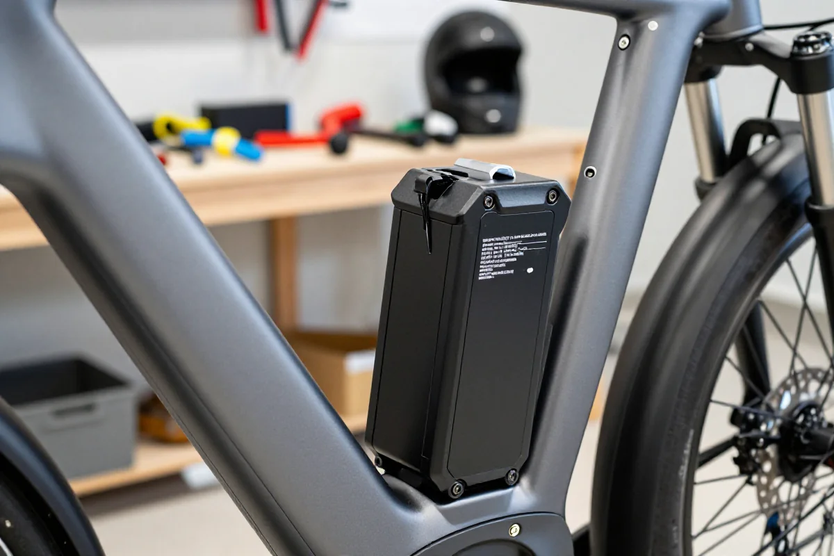 Bateria roweru elektrycznego w warsztacie, ukazująca detale techniczne.