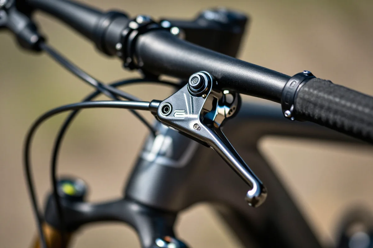 Zbliżenie na dźwignię hamulca MTB, ukazujące szczegóły i elementy hydrauliczne.