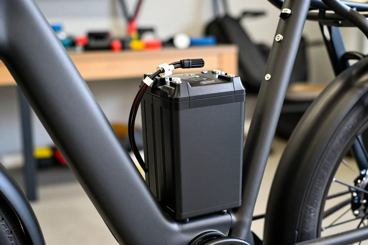 Akumulator roweru elektrycznego w warsztacie, kluczowy element dla mocy e-bike'a.