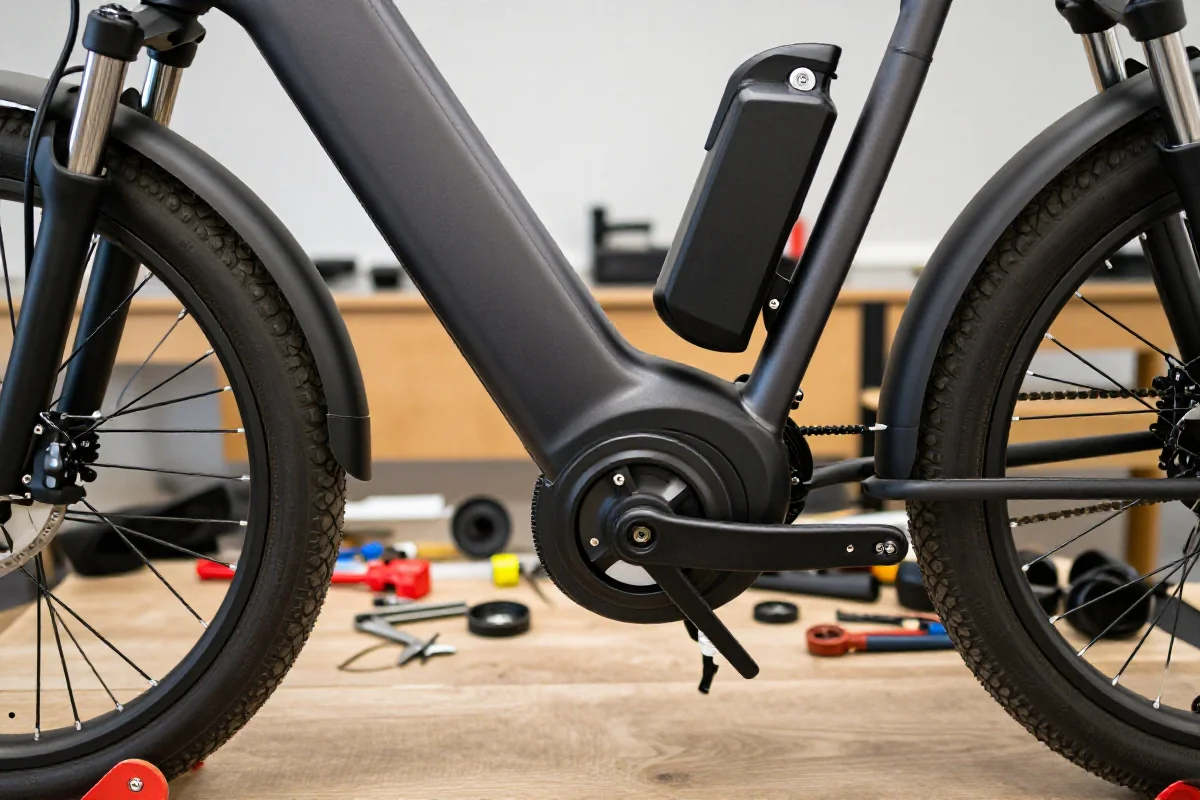 Szczegółowy widok komponentów roweru elektrycznego w warsztacie.