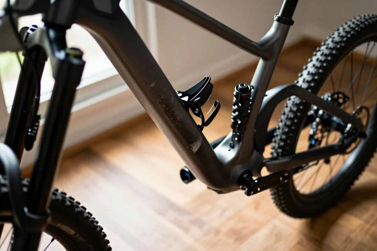 Uszkodzona rama roweru górskiego z widocznymi zarysowaniami i wgnieceniami.