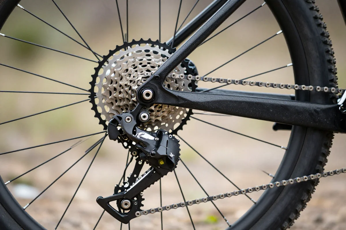 Szczegóły systemu przerzutek roweru górskiego w naturalnym świetle.