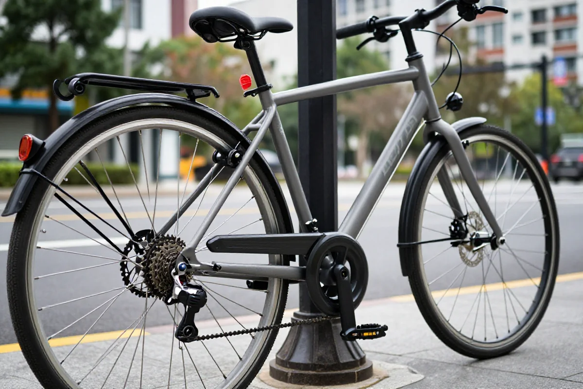 Blokowany rower miejski w miejskim otoczeniu, kluczowy do odzyskiwania po kradzieży.