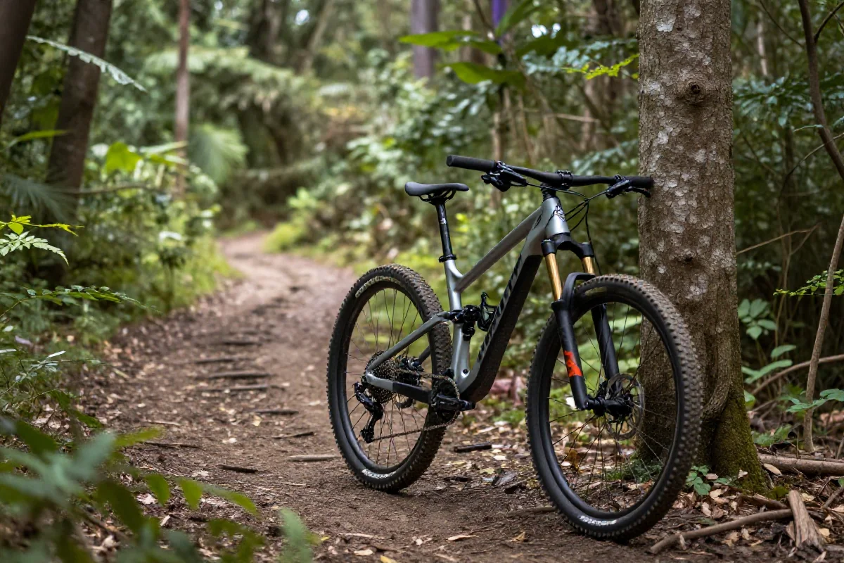 Sceniczna trasa rowerowa z górskim rowerem w lesie, idealna dla turystyki rowerowej.