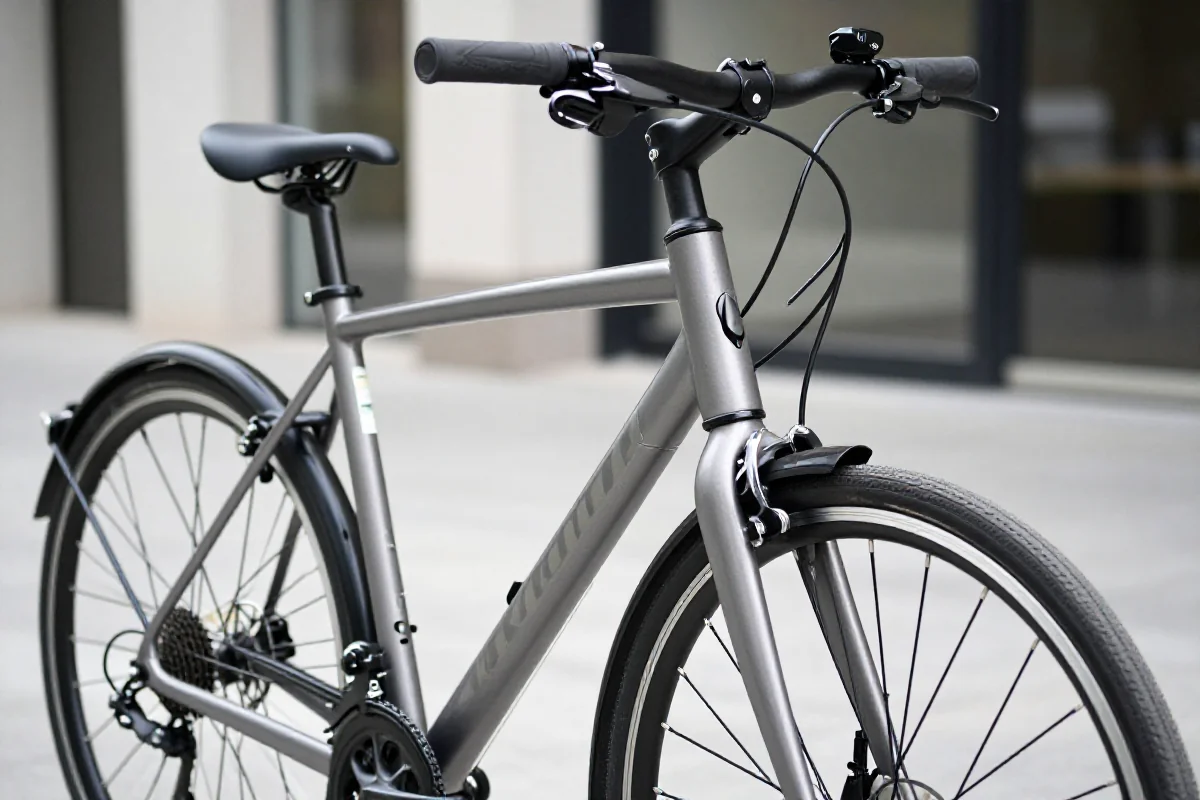 Bliska fotografia komponentów roweru miejskiego, w tym ramy i hamulców.