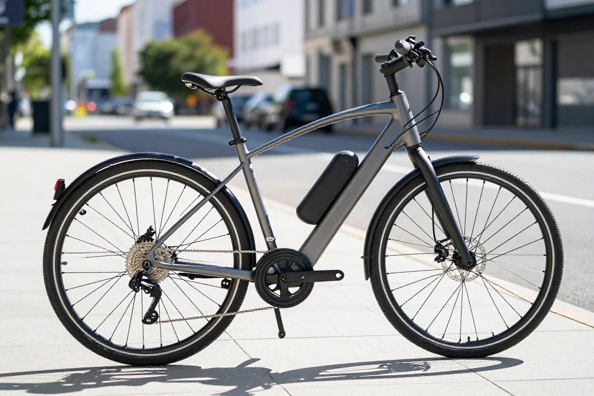 Nowoczesny e-bike na miejskim chodniku, idealny do codziennych dojazdów.