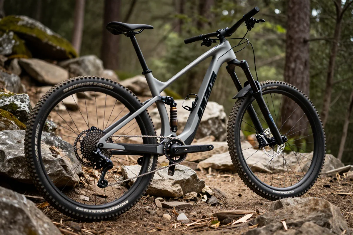 Bik w górach na szlaku, pokazujący szczegóły roweru górskiego.