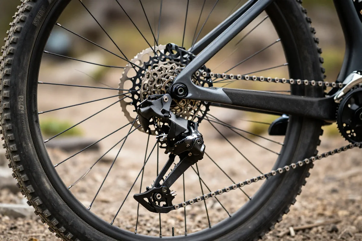 Zbliżenie na napęd roweru górskiego na szlaku, skupione na hakach przerzutki.