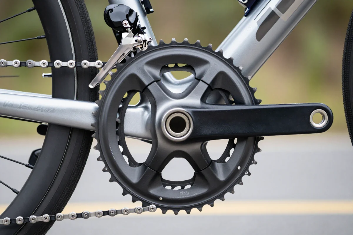 Szczegóły korby roweru szosowego z przełożeniem Compact 50/34.