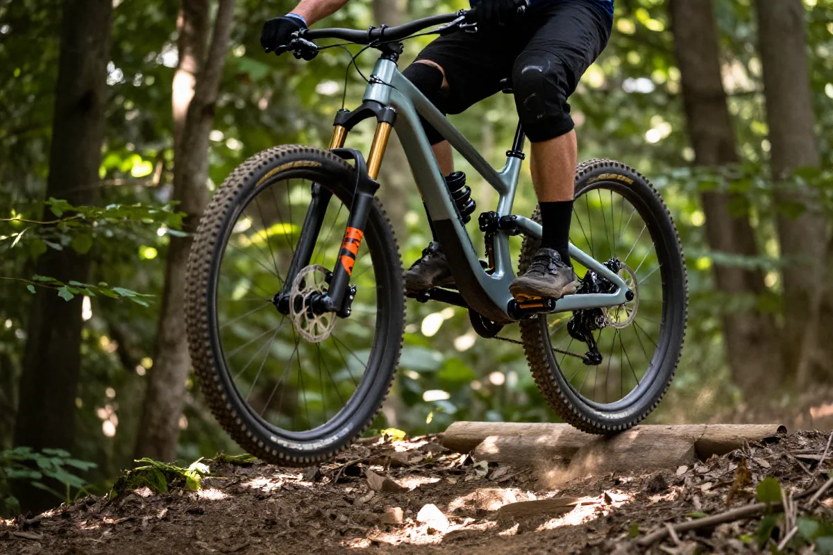 Rower górski w trakcie skoku bunny hop na przeszkodzie w lesie.