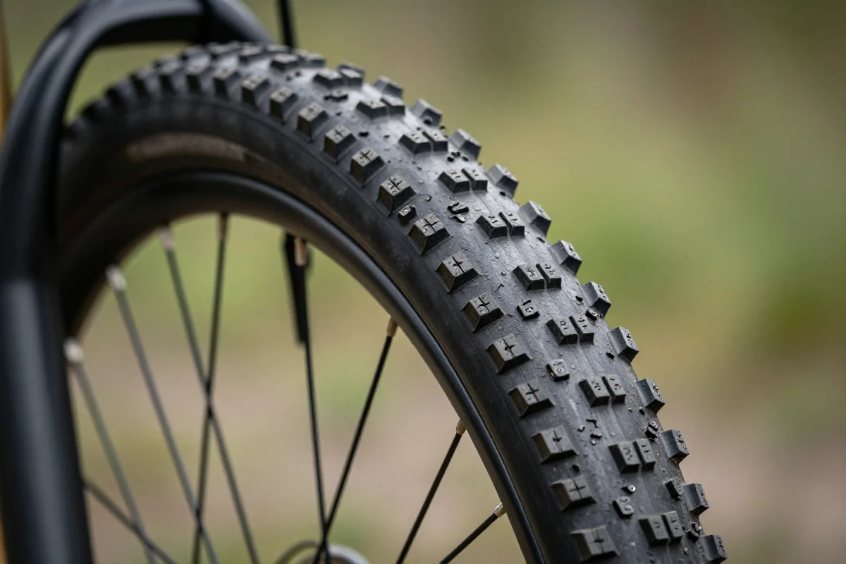 Opona rowerowa górskiego z widoczną strukturą mieszanki gumowej