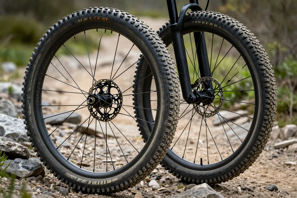 Zbliżenie na opony MTB z agresywnym bieżnikiem na szlaku