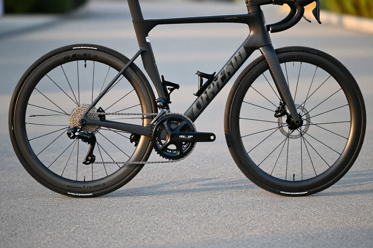 Rower szosowy z widocznymi komponentami, idealny dla treningu kolarzy.