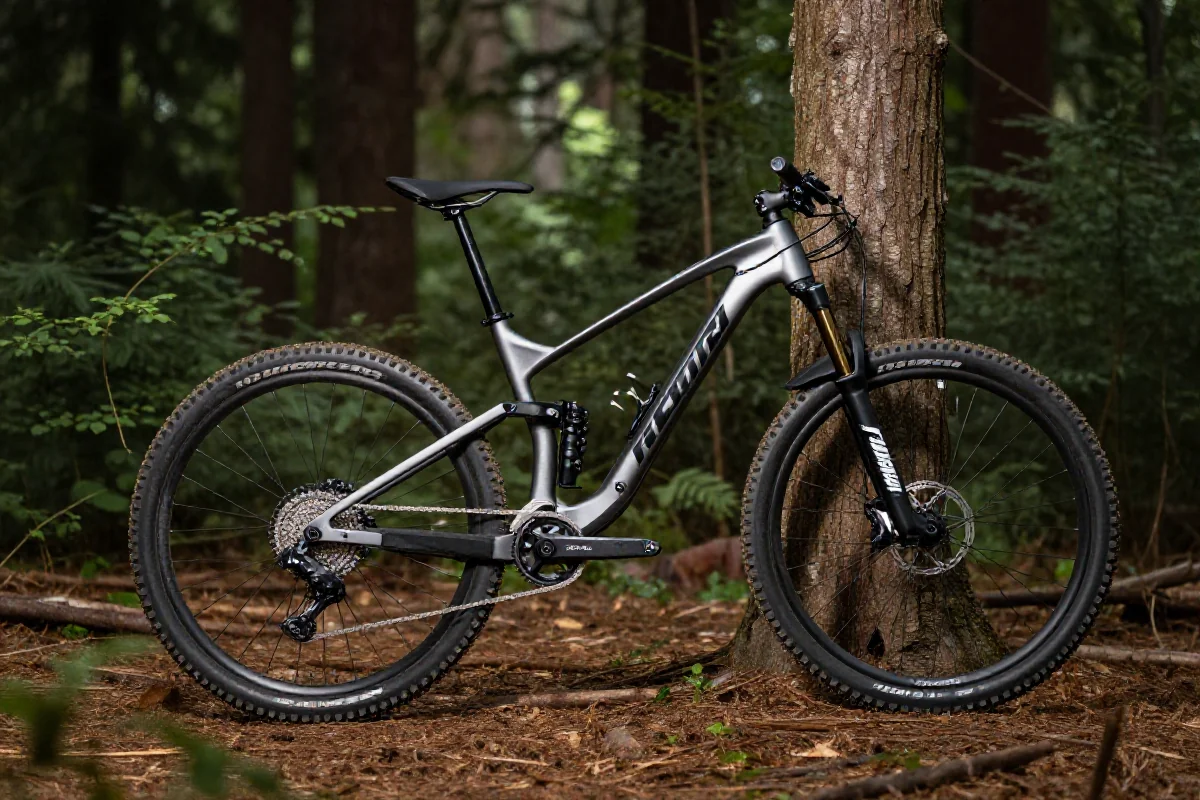 Rower górski w lesie, ukazujący detale ramy i kół, symbolizujący siłę core.