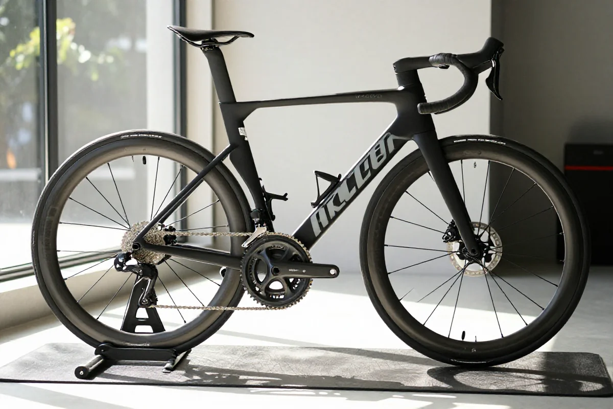Rower szosowy na macie treningowej, podkreślający aerodynamiczną konstrukcję i komponenty.