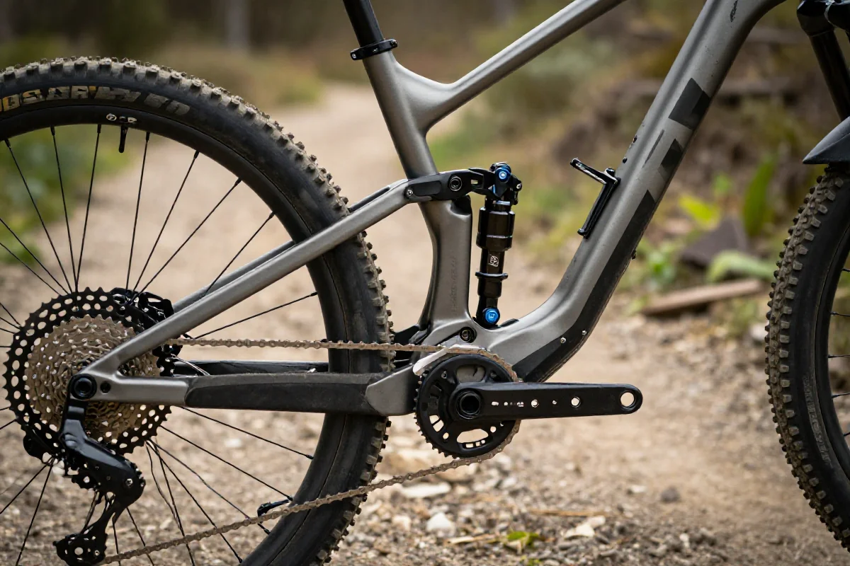 Szczegóły ramy roweru górskiego na tle szlaku, techniki crash managementu