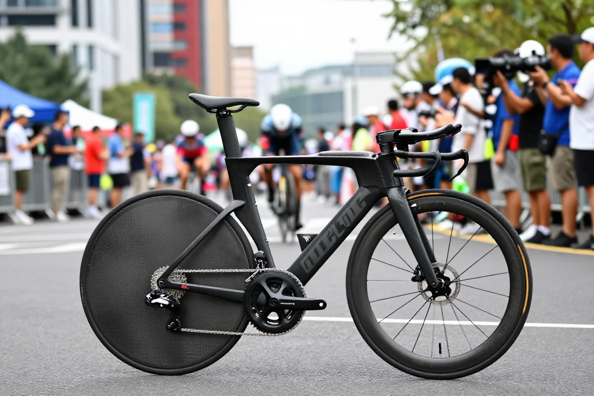 Wyścig criterium z dynamicznym rowerem wyścigowym na miejskim torze.