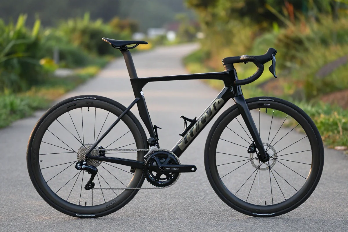 Rower szosowy na malowniczej trasie, podkreślający szczegóły sprzętu kolarskiego.